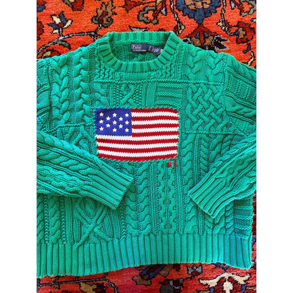 Polo Ralph Lauren Cable Knit American USA lag Sweater Flag jeans Small Green - Picture 1 of 8